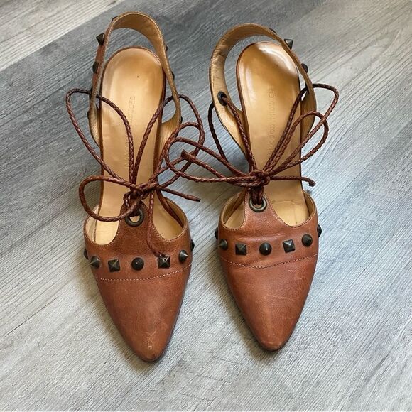 Georgina Goodman Heels Brown Leather Ankle Lace Up Studded Designer - Picture 3 of 11
